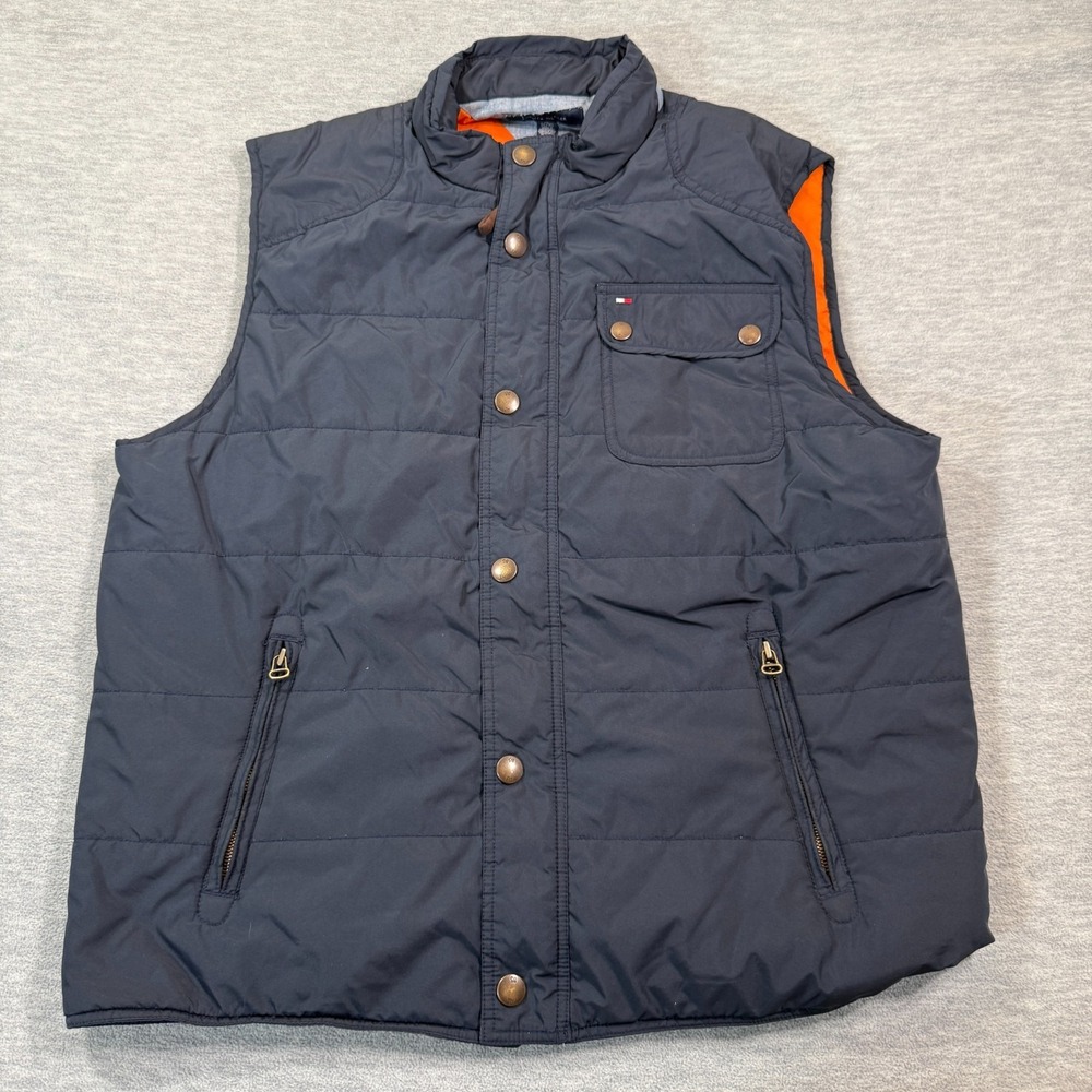 Tommy Hilfiger Jacket Men XL Puffer Vest Quilted Full Zip Orange Lining Gilet